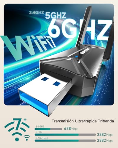 COMFAST BE6500 Adaptador WiFi USB para PC, Receptor WiFi USB 3.0, Antena WiFi 7 para Windows 10/11, Tri-Banda 6G/5G/2,4G, 2x6dBi Antenas de Alta Ganancia, WPA3, MU-MIMO, OFDMA & MLO