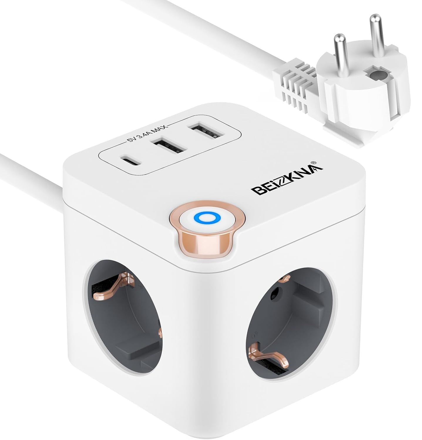 Steckdosenwürfel USB C Mehrfachsteckdose Steckdosenleiste 3-Fach Steckerleiste Überspannungsschutz Steckdose Mehrfachstecker Cube Würfel Steckdosen mit Schalter für Büro Hause 1.5M Kabel, Weiß