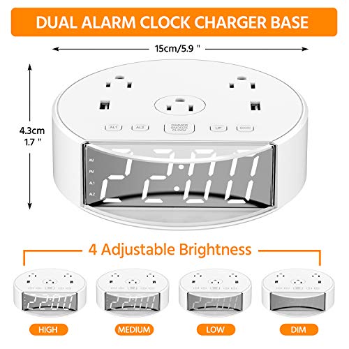 Table Lamp with Alarm Clock, Touch Control Bedside Lamp with 2 AC Outlets & 2 USB Ports, Alarm Clock Charging Base, 6Ft Power Cord, 3 Level Brightness Modern Nightstand Lamps for Home Bedroom Dorm