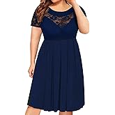 Women's Plus Size Short Sleeve Lace Midi Dress Pleated Casual Summer Flowy Dress with Pockets