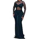 Kwunbwa Women’s Elegant Long Sleeve Mesh Maxi Dress Sexy Knot Ruched Bodycon Evening Club Party Cocktail Long Dresses