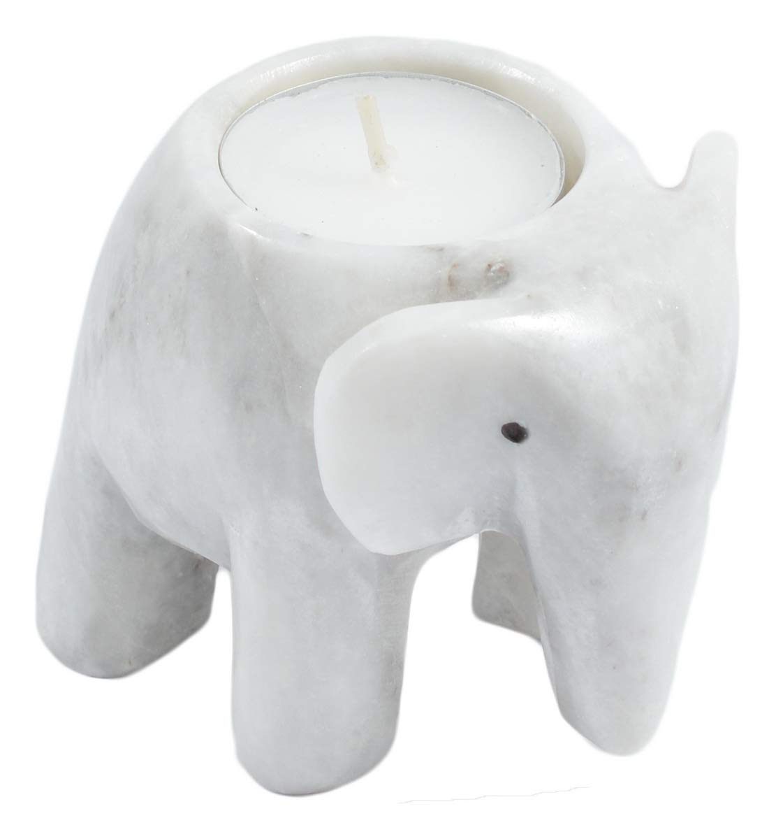 Elephant 3 Inch Marble Fossilstone Tea Light Candle Holder (White Marble)