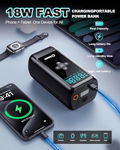 Car Battery Booster Jump Starter, 6000A Jump Starter with Air Compressor, Booster Pack with 160PSI Portable Tire Inflator (All Gas/14.0L Diesel), LED Light, EVA Case