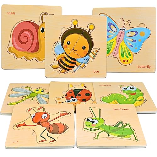 Faburo Wooden Puzzles for Toddlers 1-3, 8pcs Shapes, Insect Animal Themed Montessori Toys for 1 Year Old Learning, Educational Preschool Toys for Boys Girls