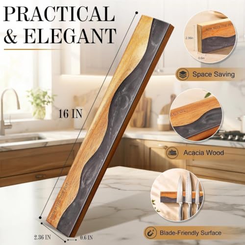 MEN WITH THE POT Magnetic Knife Strips, 16 Inch Magnetic Knife Holder for Fridge Wall, Acacia Wood & Black Resin Knife Magnetic Strip Use as Knife Bar, Knife Holder for Kitchen Utensil Organizer