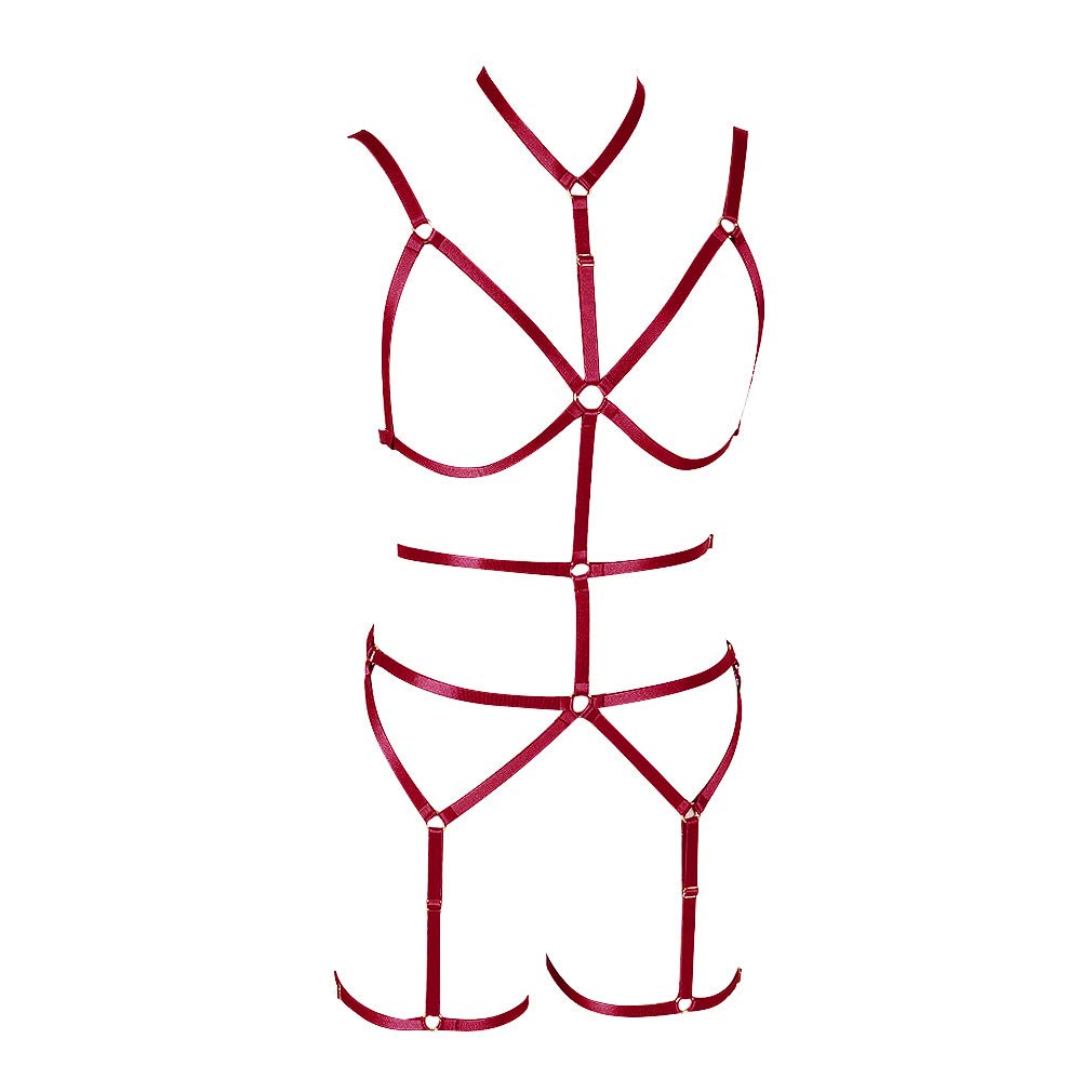 BANSSGOTH Women's Full Body Harness Bra Garter Full Cage Set Punk Gothic Belt Chest Strap Stretchy Fabric Festival Rave (Wine red)
