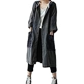 CORETIC Women Fashion Oversized Distressed Denim Trench Jacket Coat Casual Ethnic Printed Fall Winter Hooded Outerwear