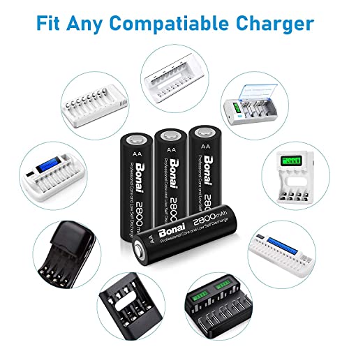 BONAI AA Rechargeable Batteries, High Capacity 2800mAh 1.2V 1200 Cycles AA Rechargeable NI-MH Batteries, Pre-Charged for Home Equipment (16 Pieces)