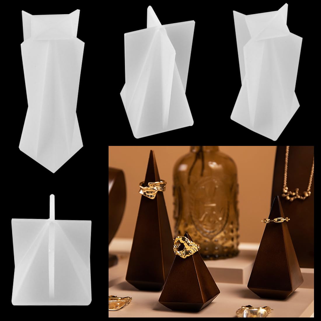 Voyyphixa 4pcs Pyramid Resin Mold, Geometry Candle Silicone Molds, Ring Cone Epoxy Resin Molds Clay Plaster Mould for DIY Craft Home Decor