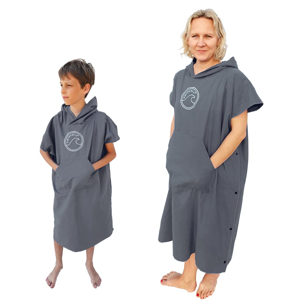 SwimCell Microfibre Changing Robe For Women, Men and Kids - Light Weight, Quick Drying Surf Changing Towel With Hood and Pocket - Opens into Large Beach Towel - Grey, Large