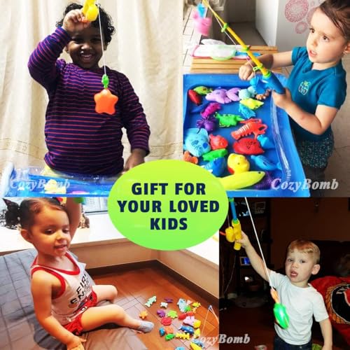 Magnetic Fishing Toys Game Set for Kids for Bathtime or Pool Party with Pole Rod Net, Plastic Floating Fish - Toddler Education Teaching and Learning of All Size Colors Ocean Sea Animals