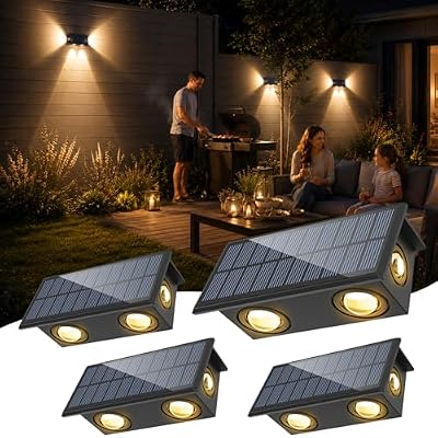 Aplique Solar Pared Exterior, 4 Piezas Luz Solar Exterior Pared Blanco Cálido, Luces Pared Solar con Iluminación en Tres Direcciones, IP65 Impermeable para Patio, Valla, Porche, Garaje