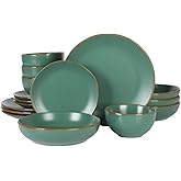Gibson Home Hazeltine 16-Piece Green Stoneware Dinnerware Set – Plates and Bowls, Durable Ceramic Kitchen Dinner Set