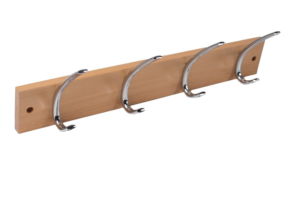Merriway BH03928 Large Ribbed Hat and Coat Hooks x 4 Bright Chrome Hooks on Beech Rail