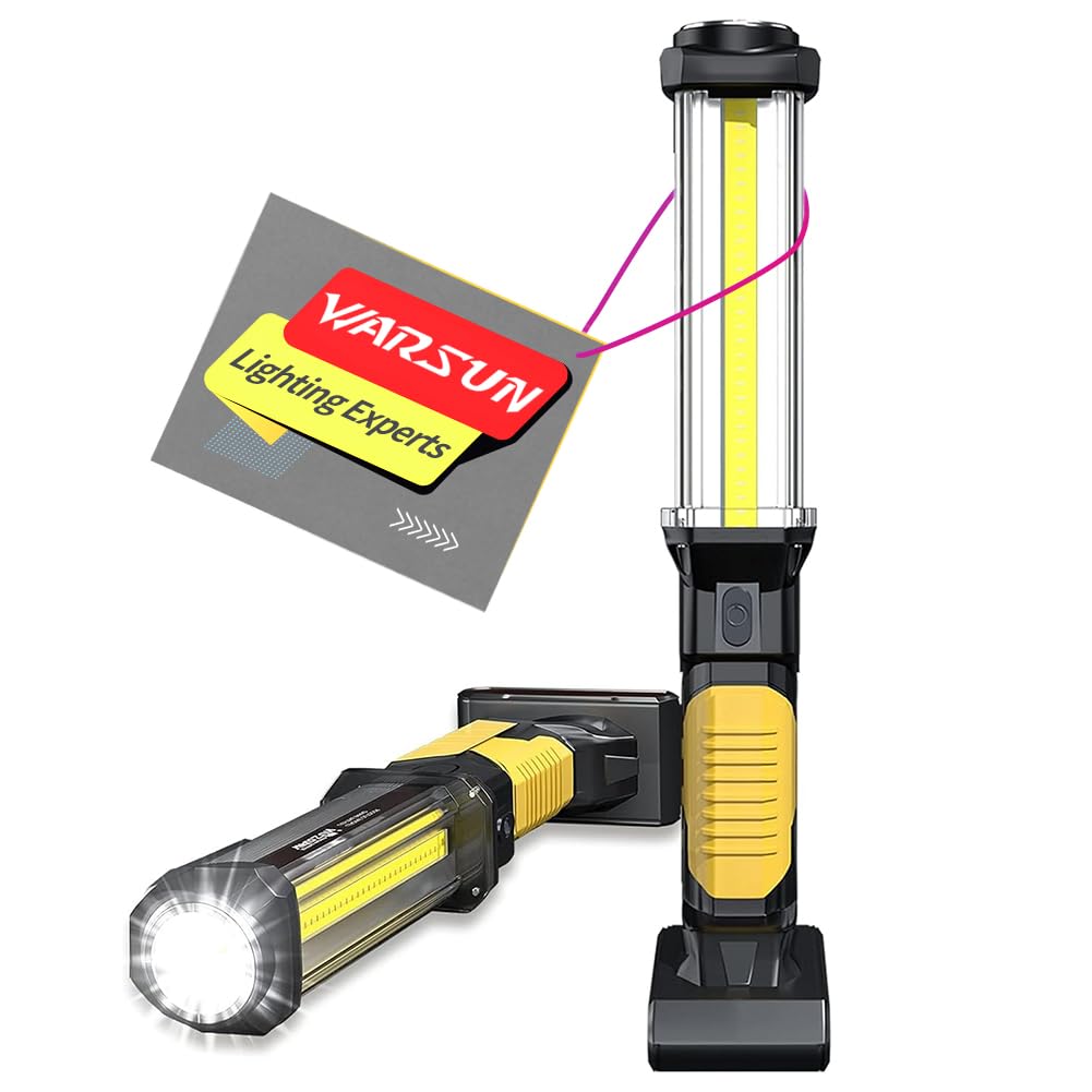 Photo 1 of ??WARSUN Rechargeable COB LED Work Light-Magnetic Hands-Free Trouble Light with Hook, IPX4 Waterproof for Garage Repair, Mens Gifts-Emergency Light Tool for Adults Men Dad (Yellow)?