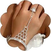 JWICOS Rhinestone Bracelet Ring Silver Full Link Hand Chain Crystal Bangle Finger Bracelet Ring Wedding Harness Hand Accessories for Women Prom Party (Style 1)