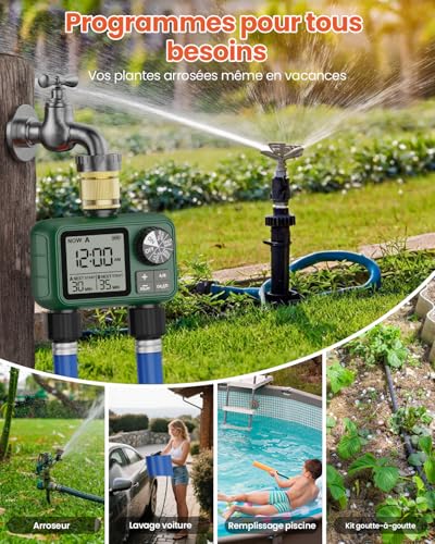 2 Way Water Timer with Brass Inlet, Large LCD Display, Automatic Watering for Garden, Programmable Irrigation, Simple Use, Rain Delay Manual Watering for Lawn