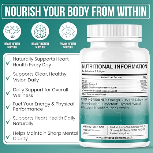 Vinco High Strength Omega 3 Fish Oil 2000mg | EPA 660mg & DHA 440mg Per Serving | Promotes Heart, Brain & Eye Health | Non-GMO GMP Certified 180 Omega 3 Softgels Capsules (3 Month Supply) - UK Made