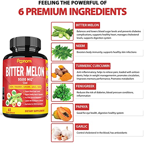 Organic Bitter Melon Extract Capsules 9500mg with Neem, Fenugreek, Curcumin, Garlic, Papaya
