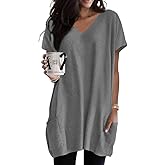 Poetsky Summer Womens Tunic Tops for Leggings with Pockets Vneck Short Sleeve Casual Long T Shirts S-3XL