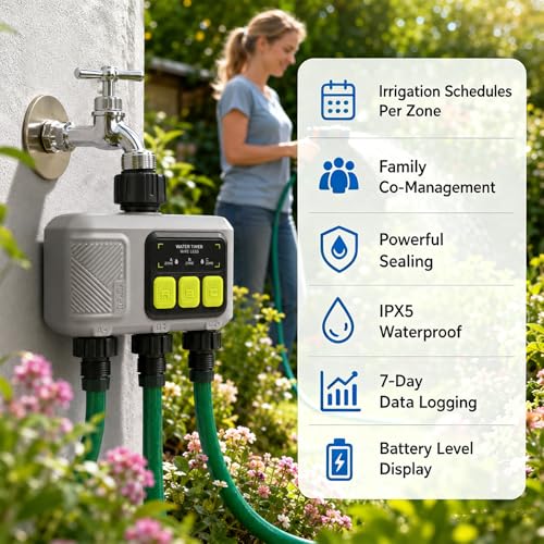 johgee Programador Riego WiFi 3 Salidas con tecnología RF 433, riego temporizado inteligente con APP, control por voz Alexa, 6 horarios de riego, temporizador de riego automático para jardín