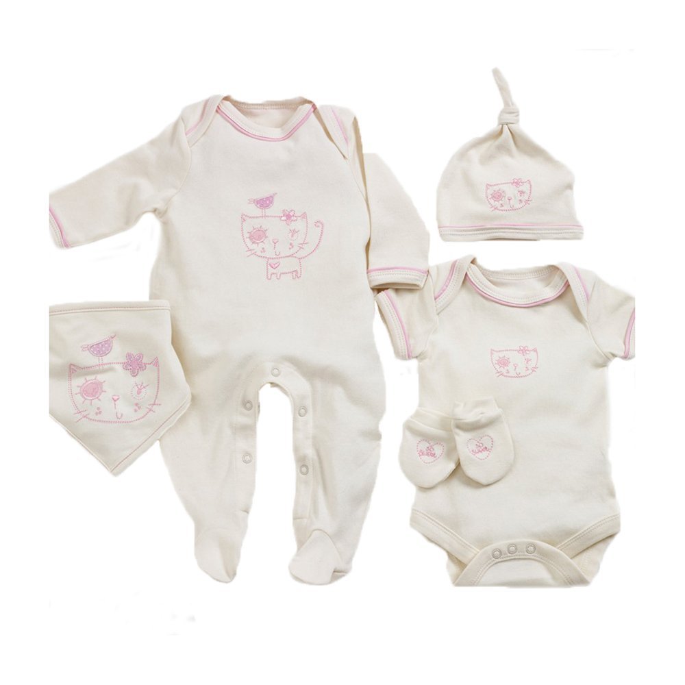 Natures Purest 100% Organic Cotton 5 Piece Pink Kitten Clothing Set - 0-3 Months
