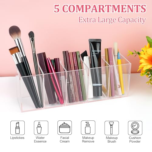 WINKIO Brush Holder with 5 Compartments, Acrylic Brush Holder, Clear Makeup Organizer, Large Capacity, Divided Storage, Multifunctional Cosmetic Organizer for Brushes, Eyeliners, Lipstick