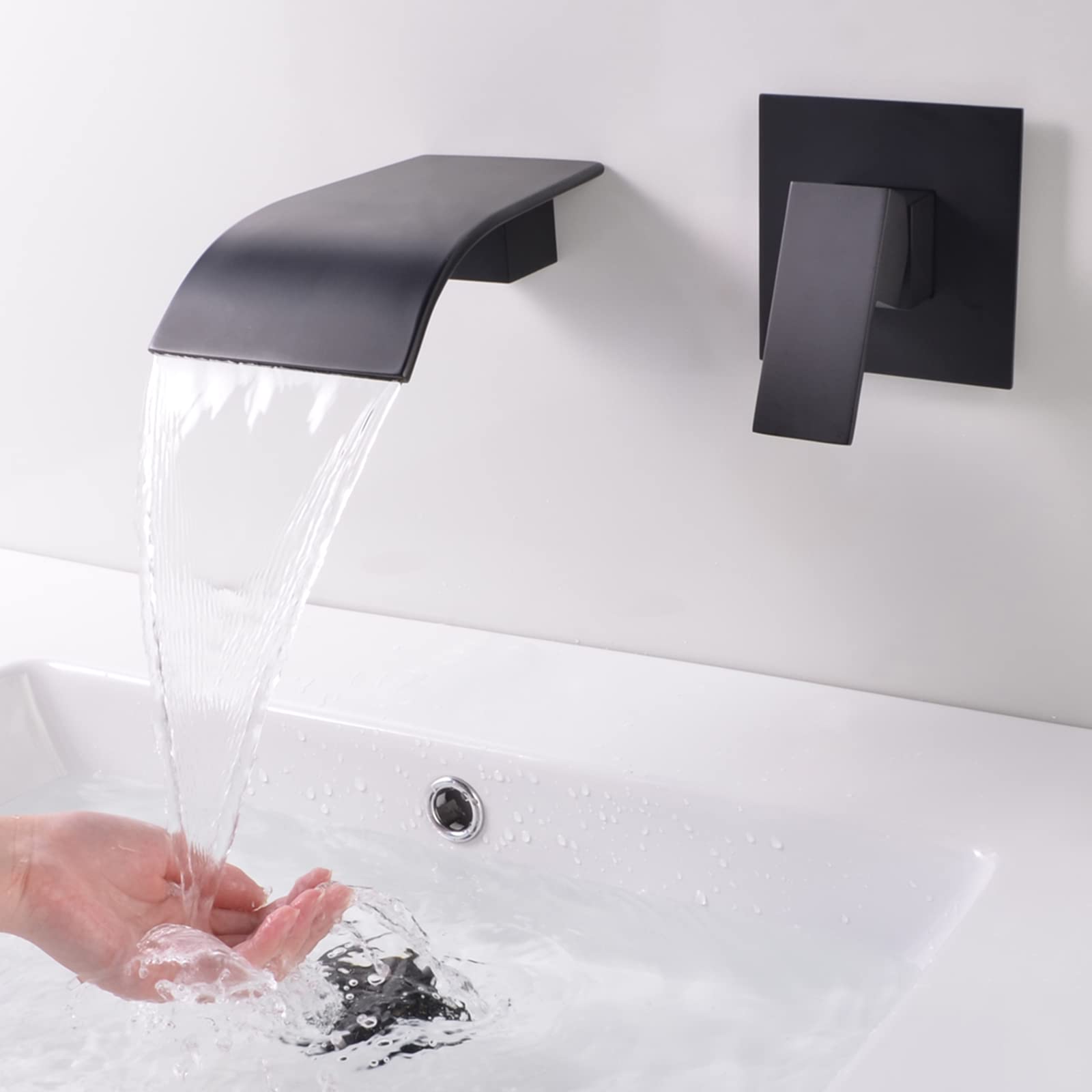 SHANFO Wall Mounted Bath Taps Waterfall Black Wall Tap for Basin Bathub with 12.5 cm Wide Spout Brass Anti-Rust BPB1