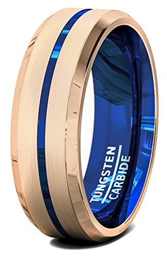8mm Tungsten Ring for Men Rose Gold Matte Brushed Tungsten Carbide Mens Wedding Bands Center Blue Groove Line Beveled Edge Comfort Fit