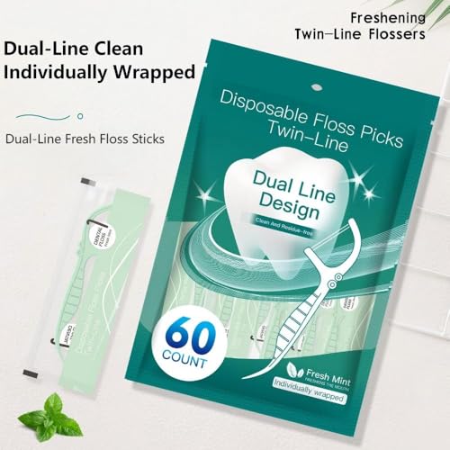 Dental Flosser Sticks Set, 180-Count Disposable Flossers Individually wrapped, mint-flavored dual-strand floss combined with toothpick Portable flosser sticks for cleaning teeth（3/colors）