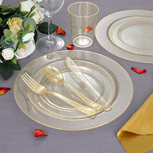WELLIFE 300PCS Gold Glitter Plastic Plates, Disposable Gold Glitter Silverware and Cups, Gold