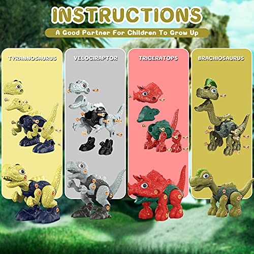 WANFEI Dinosaur Toys, 4 Pack of Take Apart Dinosaurs Construction Building Toy Set with Electric & Hand Drill for Kids 3 4 5 6 7 8 , STEM Kids Toys for Toddlers Boys Girls Birthday Gifts