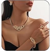 PWRXENT Gold Rhinestone Jewelry Set for Women Chunky Rhinestone Necklace Bracelet Earrings Ring Wedding Prom Bridal Jewelry Set