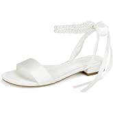 Dilhik Satin Wedding Flats for Bride Pearl Sandals Open Toe Bridal Shoes Flat Wedding Shoes for Bride