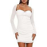 XLLAIS Women Long Puff Sleeve Mini Bodycon Mesh Dress Split Hem Clubwear Party Dress