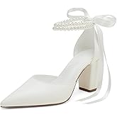 MNTSUEDS Closed Toe Pearl Heels Satin Wedding Shoes for Bride High Heels with Bow Chunky Block Heels for Women Prom Evening Party Dress Shoes Pumps