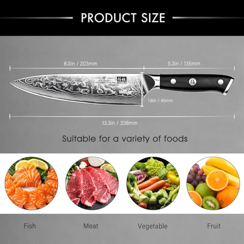 SHAN ZU Chef Knife 8 Inch Japanese Steel Damascus Kitchen Knife, Professional Kitchen Knives Sharp High Carbon Super Steel 67 Layers Kitchen Utility Knife with G10 Handle
