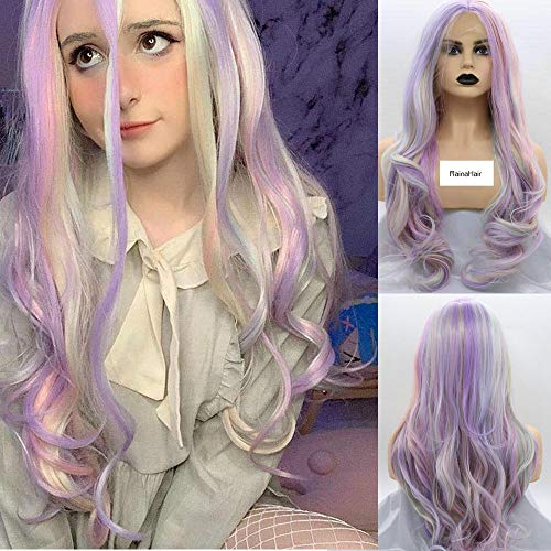 RainaHair 26inch Pastel Mermaid Wig Mixe Lilac Orange Pastel Green Light Blonde Lace Front Wig Long Wavy Heat Resistant Synthetic Wigs Warm Color — image 1