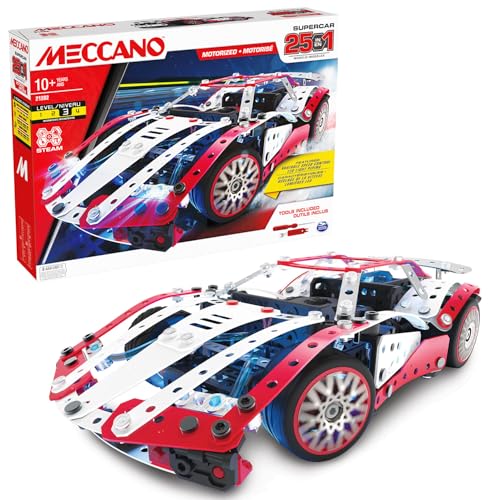 Bandai - Meccano Supercar 25 in 1 - Construction Set 25 Models - 347 Pieces Including 6 Volt Engine, LED, Tools, Instructions - Supercar Assembly Activity Kit - Childrens Toy 10+ - APM20105