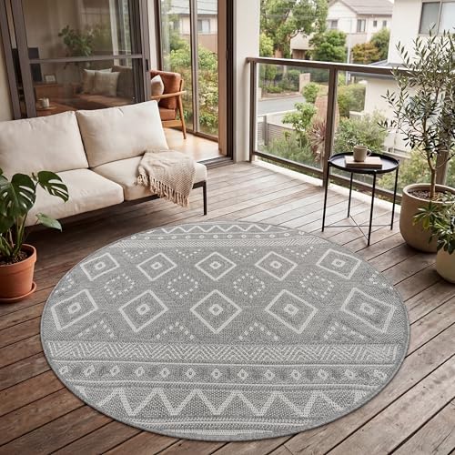 Paco Home Outdoor Teppich, Wetterfest, UV-beständig & Pflegeleicht, Flachgewebe Modern Boho-Style. Ideal für Terrasse Balkon Wohnzimmer & Küche, Gröss