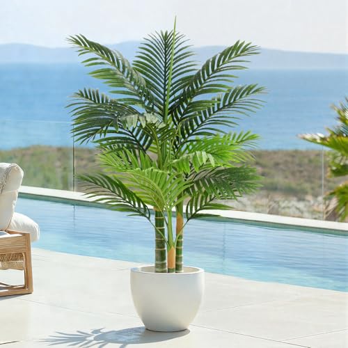 Keeplush Artificial Palm Tree Triple Golden 120cm Large Artificial Plant Outdoor Indoor or Outdoor Tall for Patio Poolside Lawn Office Living Room Balcony Garden (1Pack)