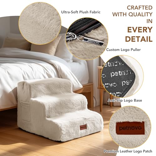 PETNOVO Escalera para Perros de 3 Peldaños para Sofá y Cama, Escalones para Perros Pequeños y Mayores con Felpa Ultrasuave, Base Antideslizante y Funda Lavable, Certificación Oeko-Tex, Beige Crema