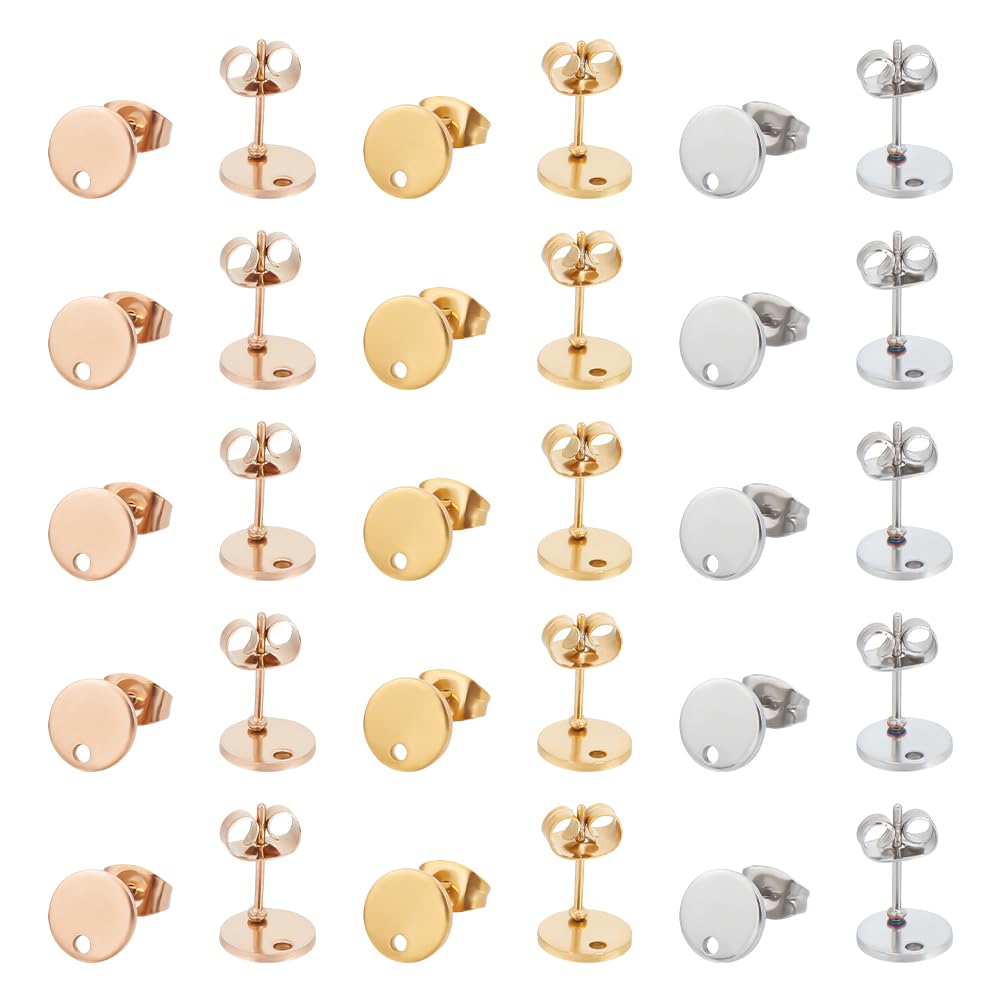UNICRAFTALE 42pcs 3 Colors 8mm Flat Round Stud Earring with Loop Stainless Steel DIY Earring Making Kit