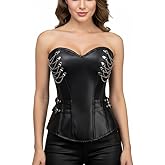 Cosfun Steampunk Leather Corset Top Womens Sexy Lace Up Back Corsets Bustiers Chains with Side Zipper Buckles