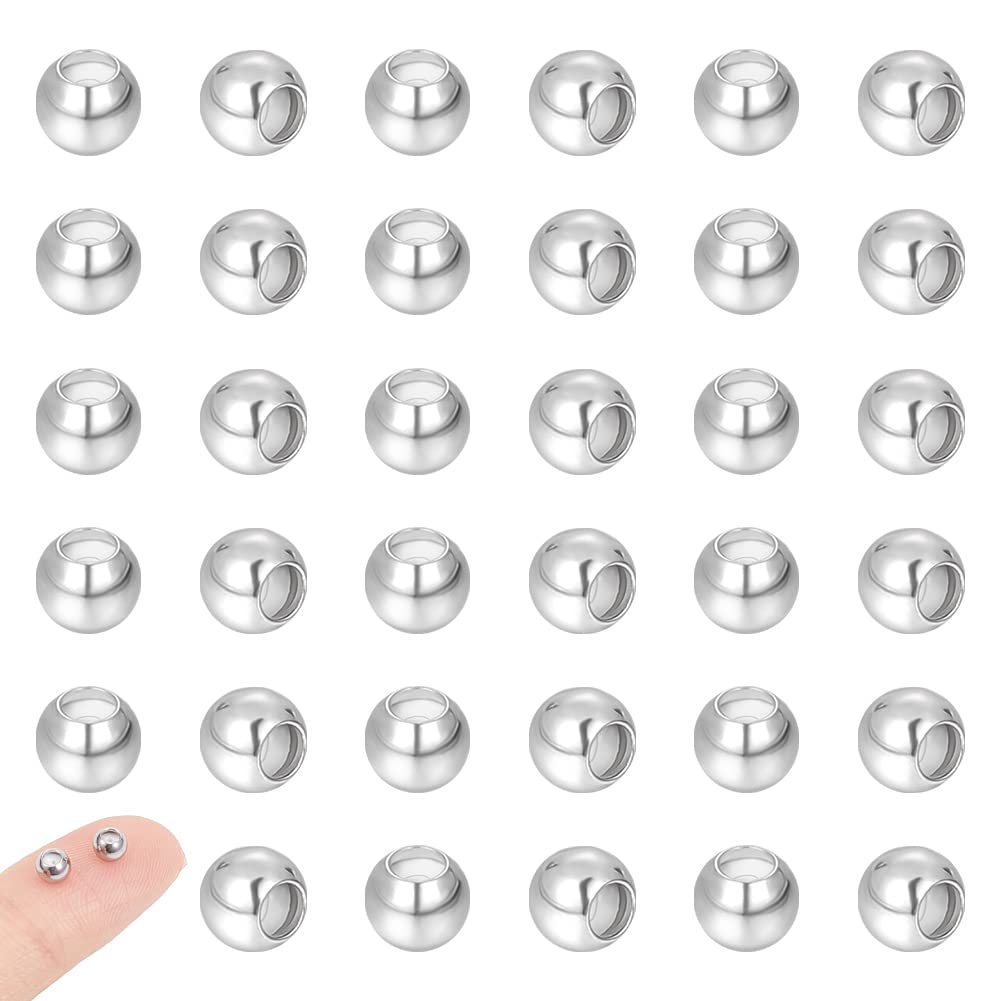 UNICRAFTALE 40pcs Stainless Steel Positioning Spacer Beads 4mm Diameter Round Ball Locating Slider Beads Metal Stopper Beads Rubber Slider Loose Beads Adjustable Rondelle Beads for Jewelry Findings