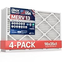 BNX TruFilter 16x25x1 Air Filter MERV 13 (4-Pack) - MADE IN USA - Electrostatic Pleated Air Conditioner HVAC AC Furnace Filters for Allergies, Pollen, Mold, Bacteria, Smoke, Allergen, MPR 1900 FPR 10