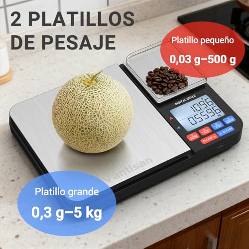 Vantisan Báscula digital de doble plataforma para cocina y alimentos,Báscula para Alimentos 0.3 g/5 kg y 0,03 g/500 g,Utilizable con Carga USB y Batería (incluida),acero inoxidable