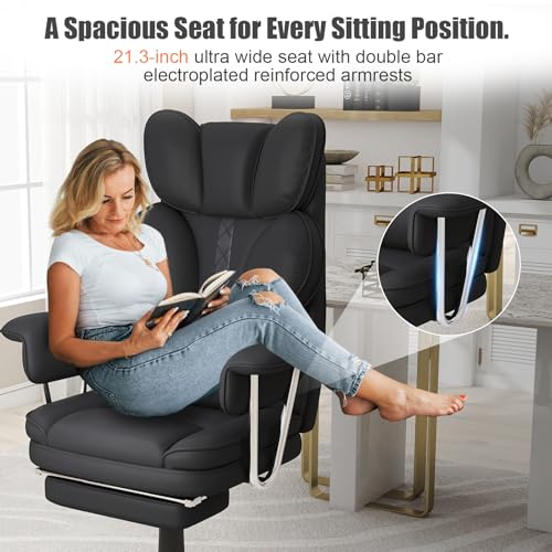 Big and Tall Office Chair,Leather Executive Office Desk Chair with Lumbar Support,400bls Comfy Ergonomic High-Back Reclining Computer Chairs,Swivel Rolling Wheels and Retractable Footrest