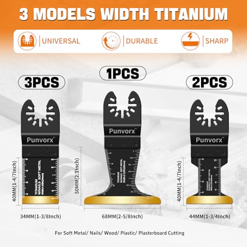 Punvorx 6 Pcs Titanium Multi Tool Blades, Extra Long & Wide Universal Oscillating Saw Blades for Soft Metal, Nails, Wood Cutting, Compatible with Milwaukee, Ryobi, Rockwell,Porter Cable, Worx