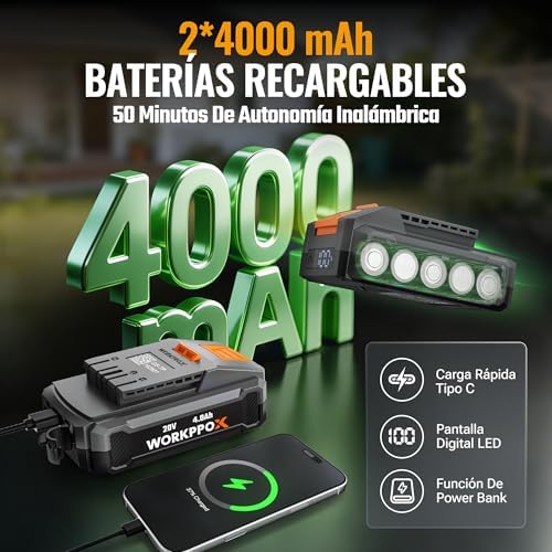 X Motoazada Eléctrica a Batería 40V con 2×4,0Ah, Cultivador de Jardín Inalámbrico, Ancho de Trabajo 30 cm, Profundidad 20 cm, Ruedas Ajustables, Mango Plegable